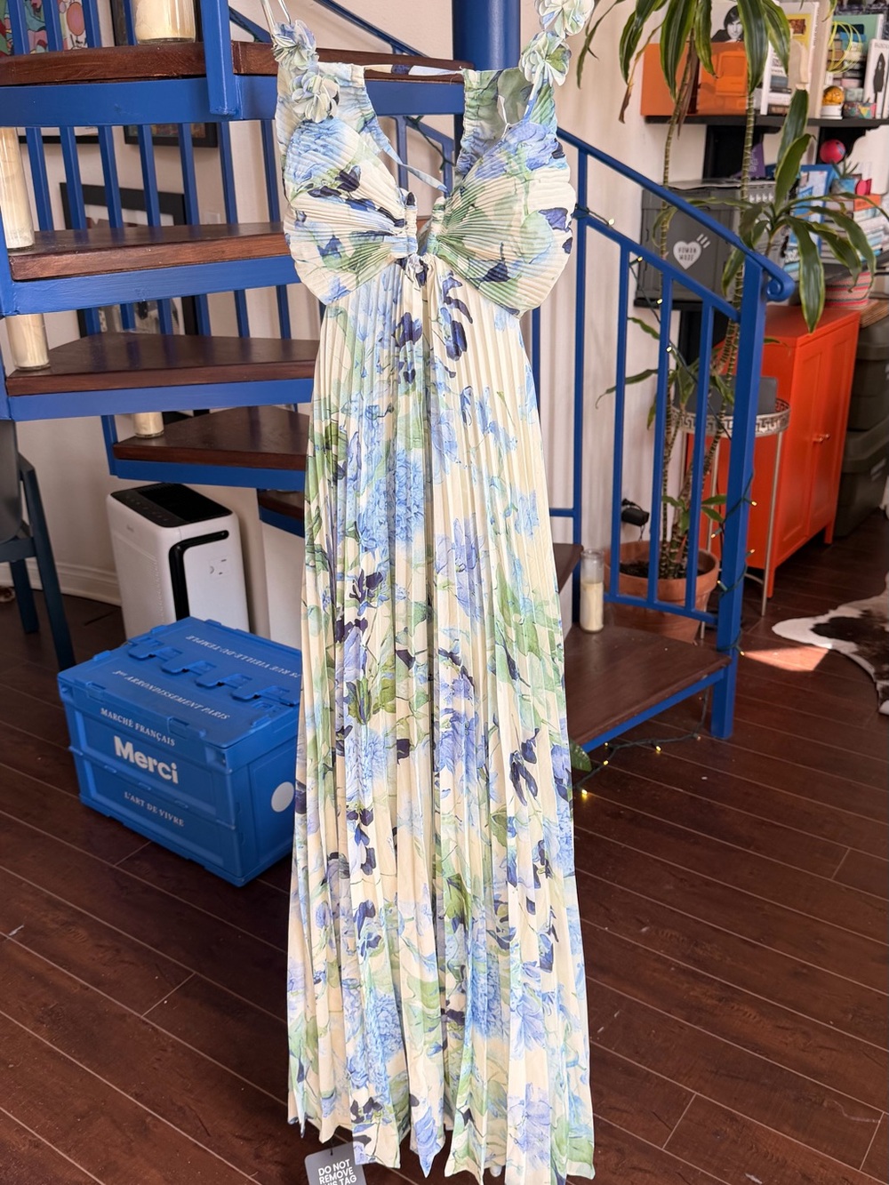 Astr Floral Pleated Maxi Dress in Cream, Blue & Green